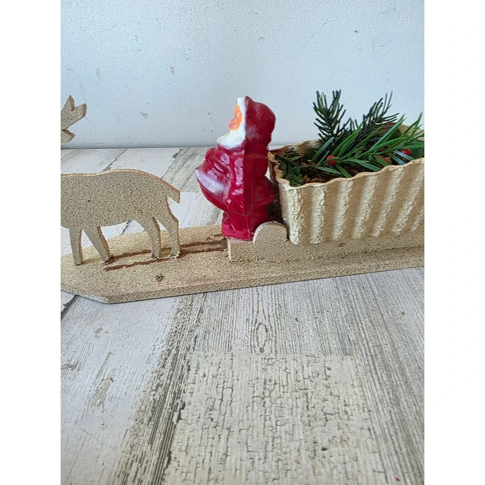 Vintage pressed cardboard mica Santa sleigh reindeer display planter container